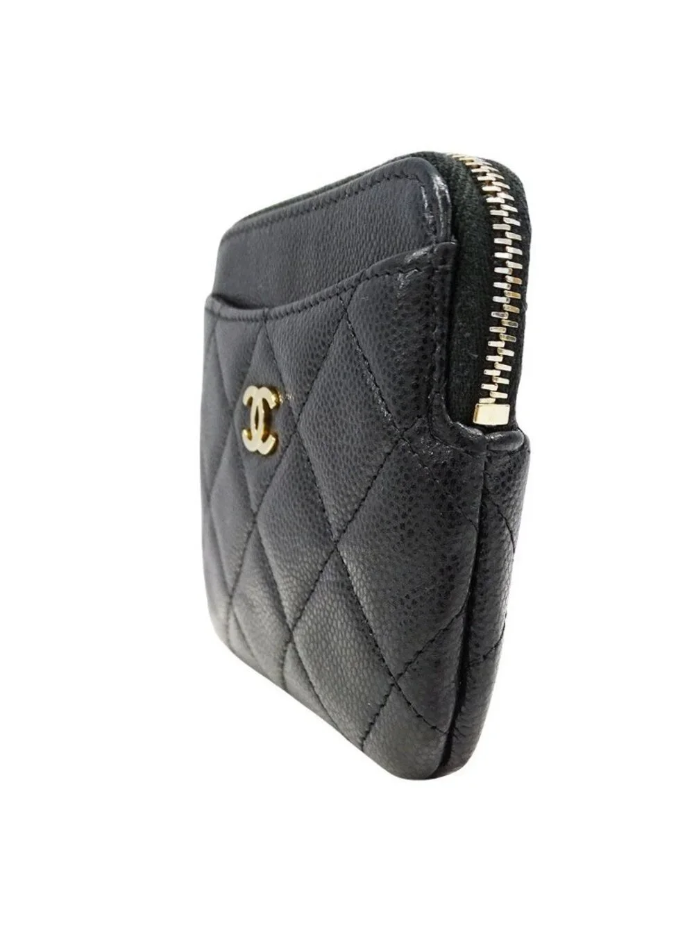 Chanel Wallet Coin Case Quilted Caviar Leather Fragment Black Gold Mini Compact